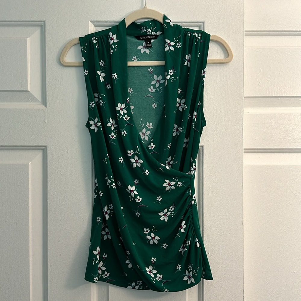 41 Hawthorn Green Floral V-Neck Sleeveless Blouse XS
